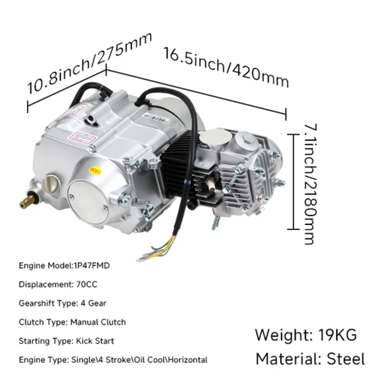 72cc Motorblok zilver- Manueel - 4 Versnellingen kick start. Dax,. 70cc